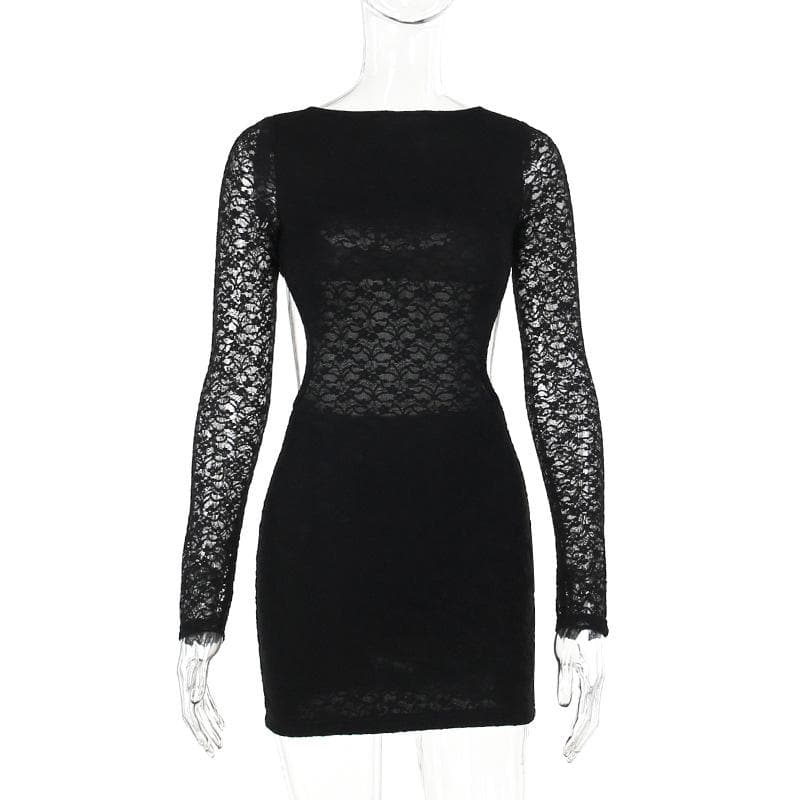 Lace solid long sleeve backless hollow out self tie mini dress - View 2