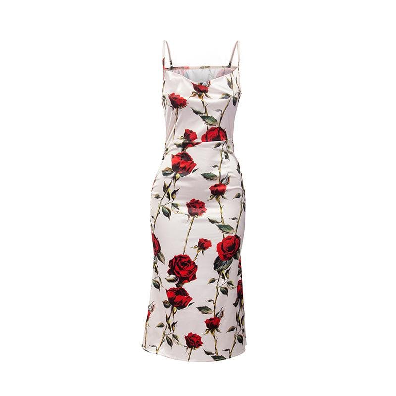 Satin Floral Print Cowl Neck Spaghetti Strap Slip Midi Dress