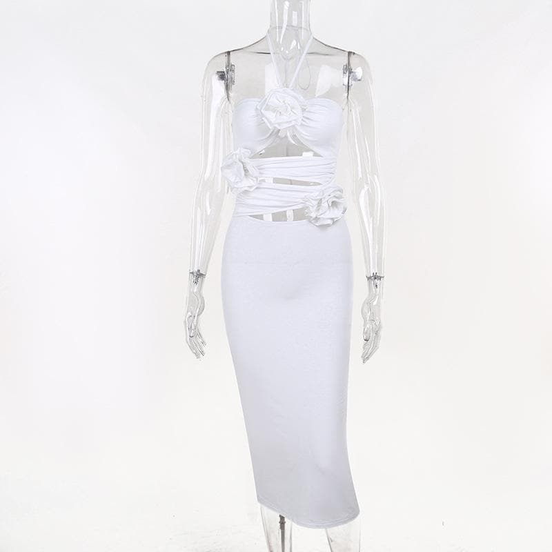 Halter Neck 3D Rose Cut Out Ruched Bodycon Maxi Dress - View 5
