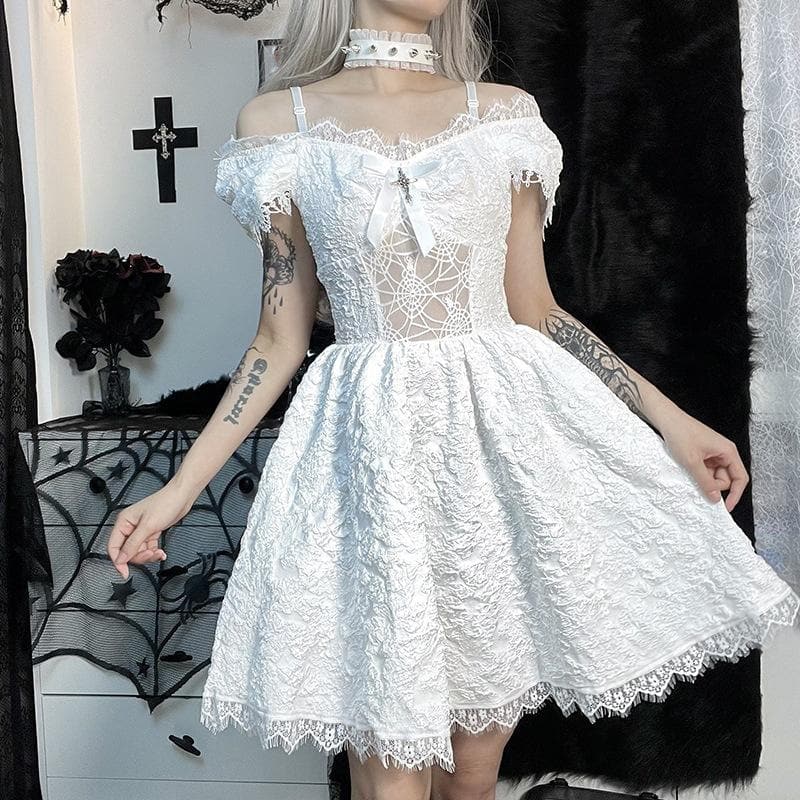 Hollow out off shoulder short sleeve cross applique mini dress - View 2