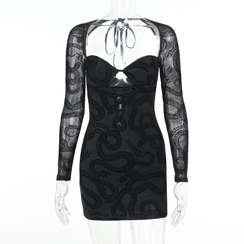 Mesh self tie long sleeve solid lace up mini dress - View 8