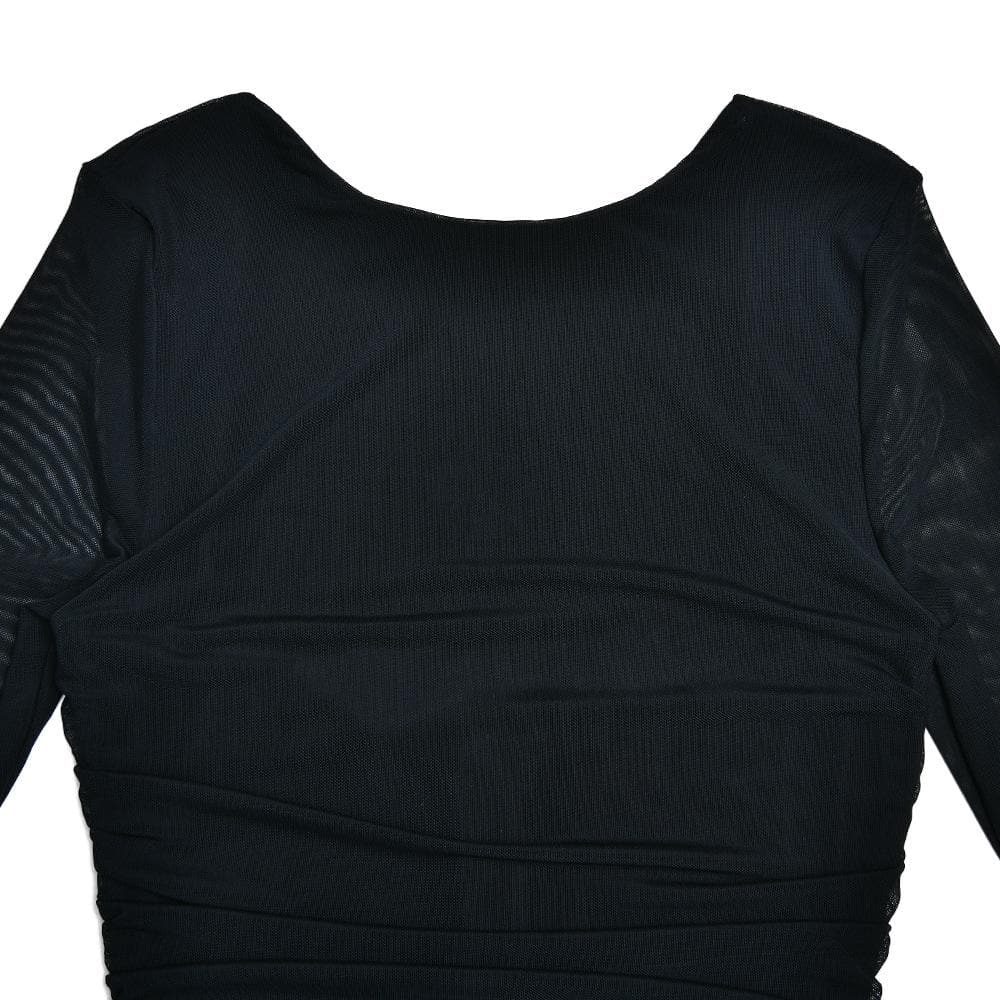 Mesh Ruched Long Sleeve Backless Ruffle Midi Dress - View 6