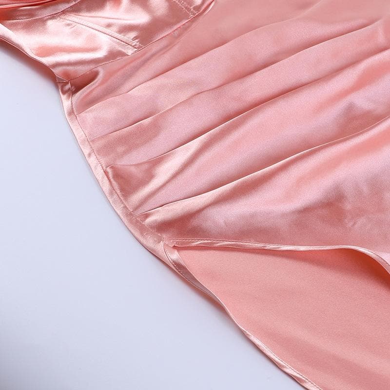 Sleeveless solid satin cowl neck slit backless zip-up cami dress - View 8