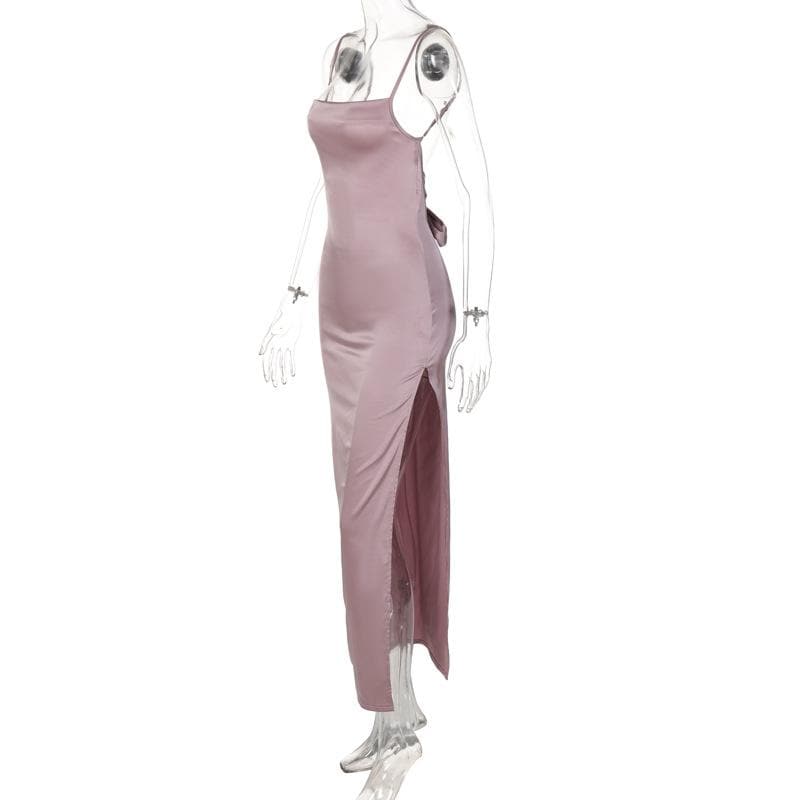 Sleeveless solid slit self tie backless satin midi dress - View 3