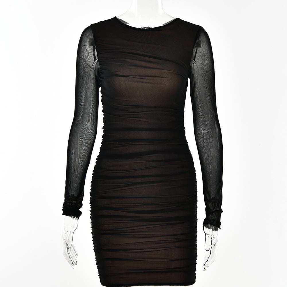 Mesh long sleeve solid ruched crewneck mini dress - View 3