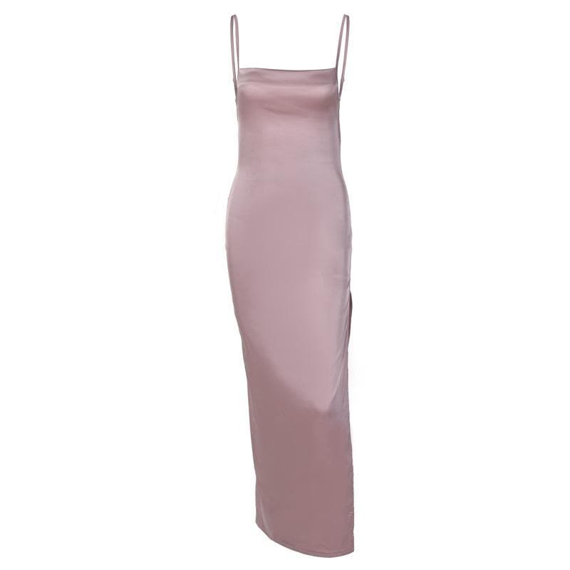 Sleeveless solid slit self tie backless satin midi dress - View 2