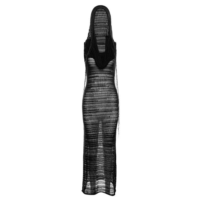 Hooded Sheer Ribbed Knit Sleeveless Bodycon Maxi Dress - View 3