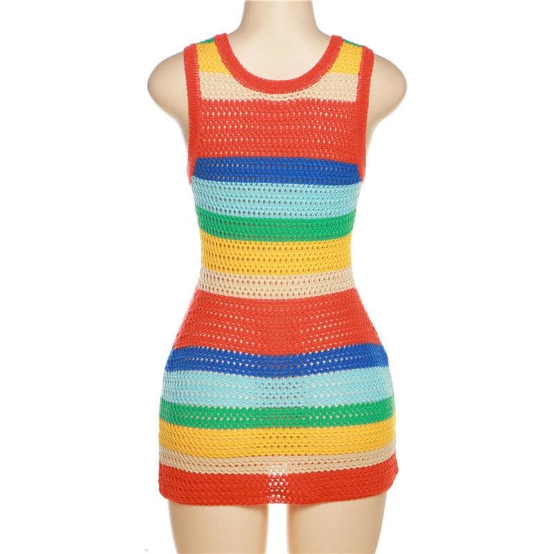 Crochet Rainbow Stripe Scoop Neck Sleeveless Bodycon Mini Dress - View 4
