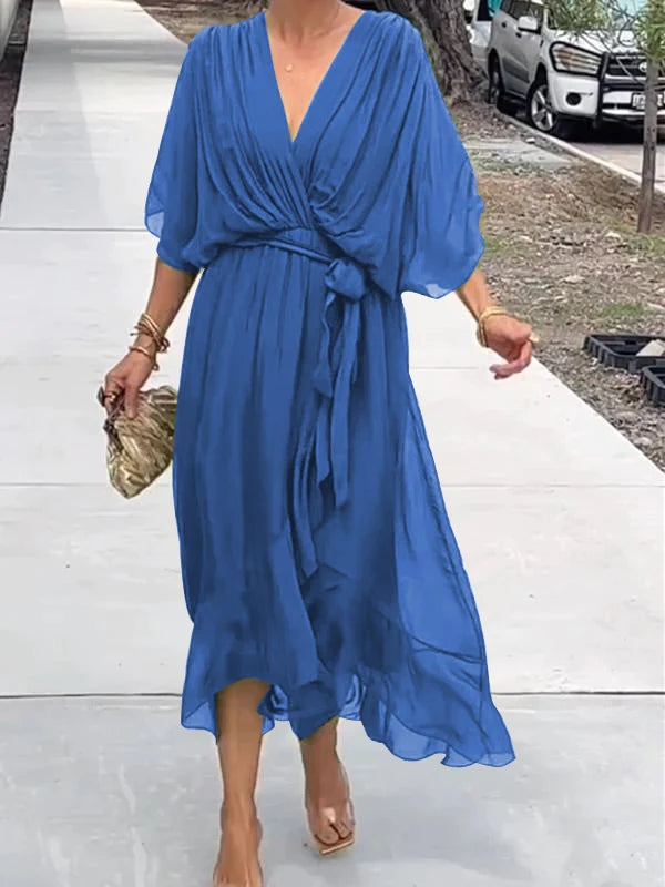 Chiffon Deep V-Neck Batwing Sleeve Tie Waist Ruffle Hem Midi Dress - View 5