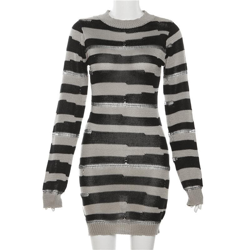 Crochet striped contrast long sleeve crewneck mini dress - View 3