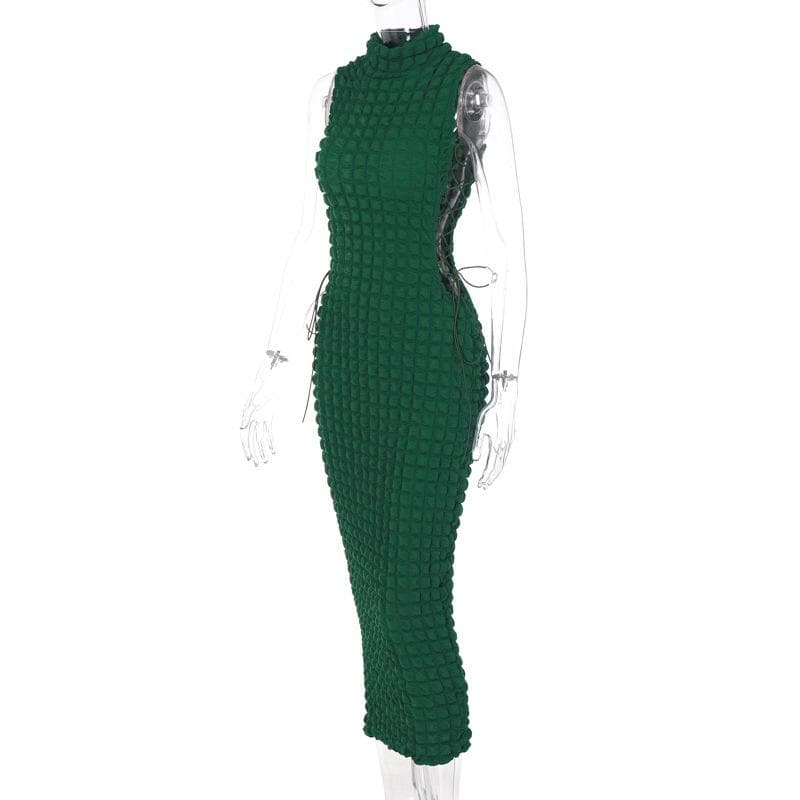 High neck lace up side solid waffle sleeveless midi dress - View 3