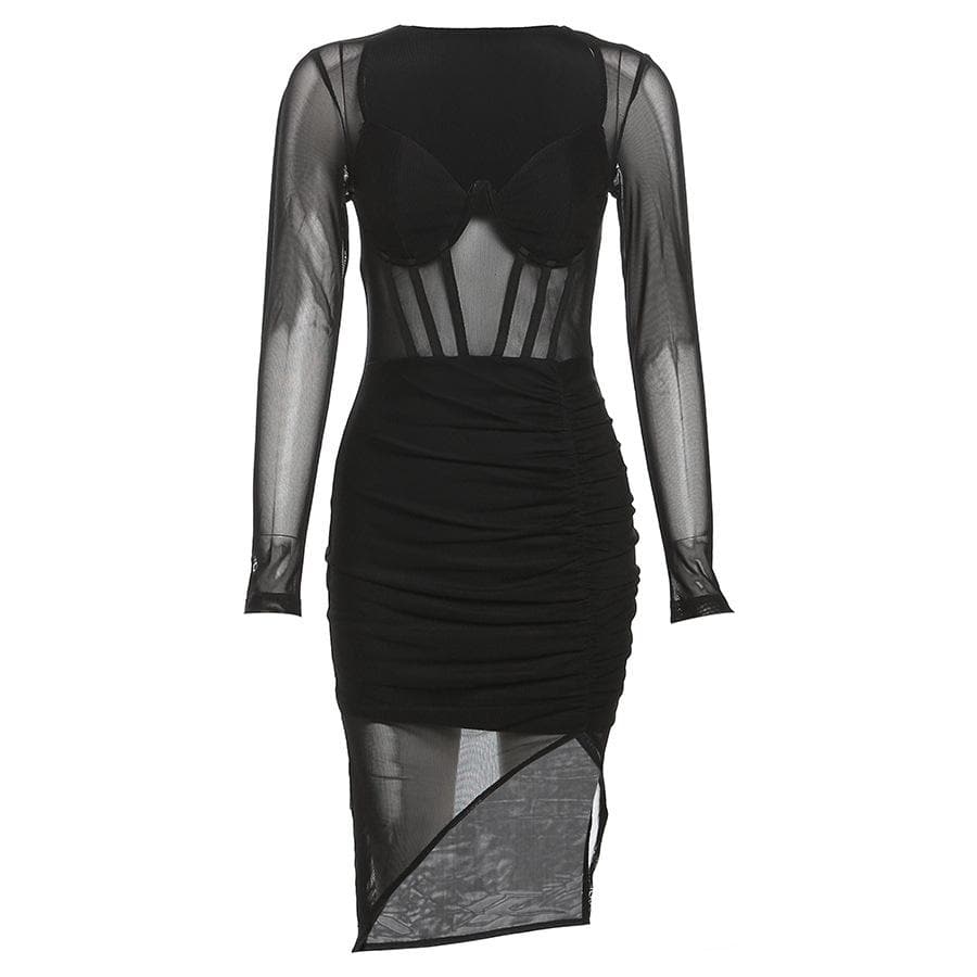 Mesh Long Sleeve Corset Ruched High Low Bodycon Mini Dress - View 4