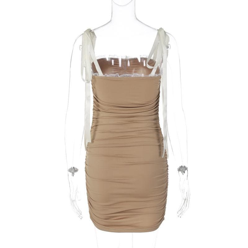 Ruched lace hem self tie square neck backless mini dress - View 5