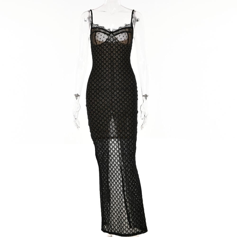Mesh lace hem zip-up slit solid backless cami midi dress - View 9
