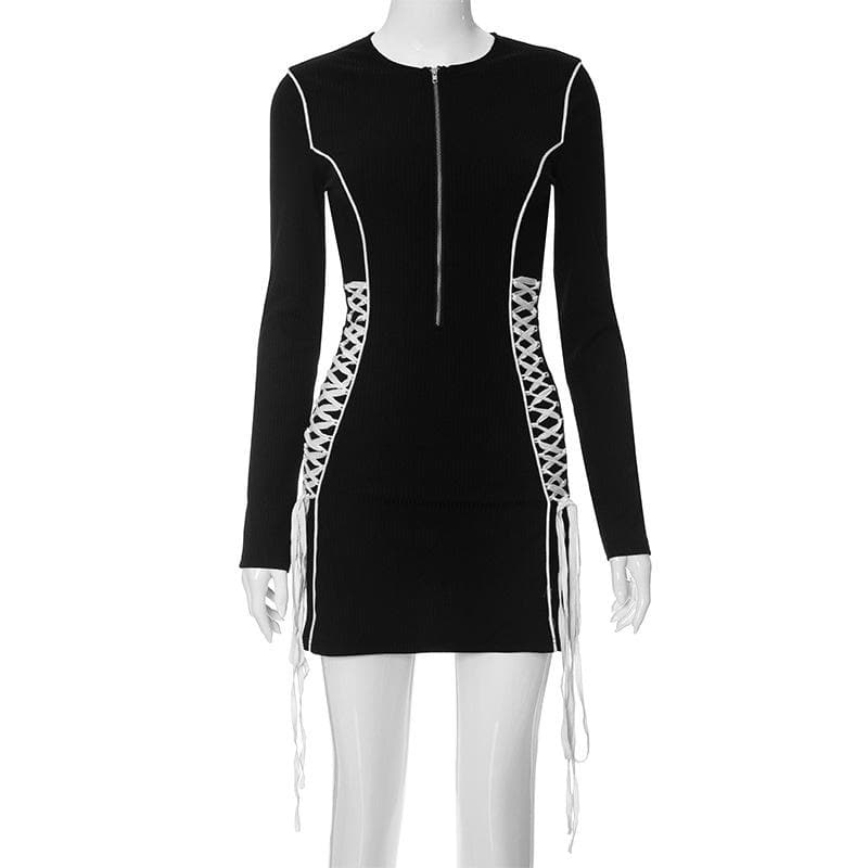 Crewneck long sleeve zip-up lace up contrast mini dress - View 2