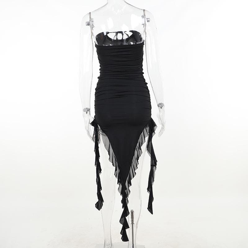 Strapless Cut Out Ruched Floral Applique High Low Midi Dress - View 5