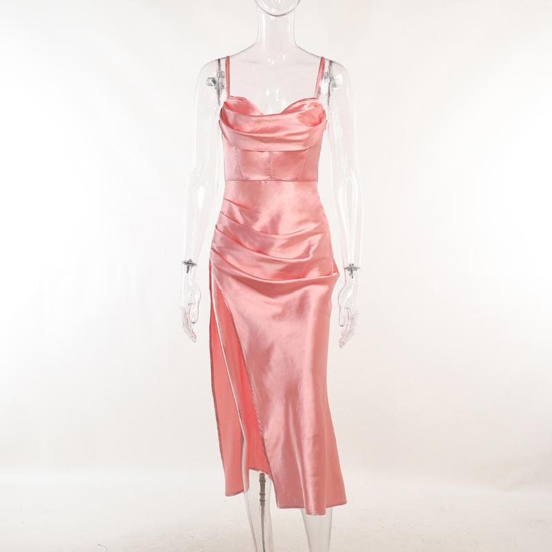 Sleeveless solid satin cowl neck slit backless zip-up cami dress - View 2