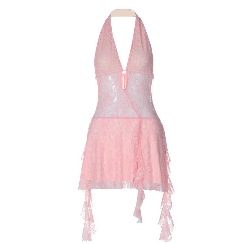 Lace Halter Deep V-Neck Ruffle Mini Dress - View 3