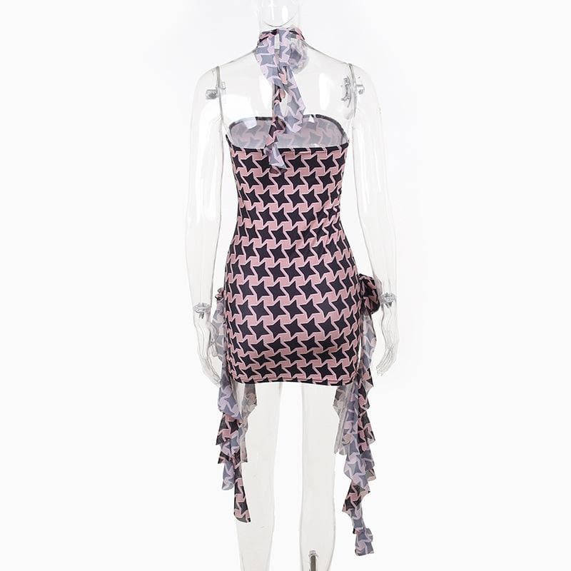 Star Print One Shoulder Flower Applique Ruffle High Low Mini Dress - View 5