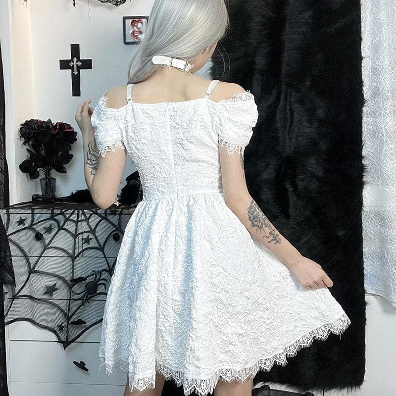 Hollow out off shoulder short sleeve cross applique mini dress - View 4