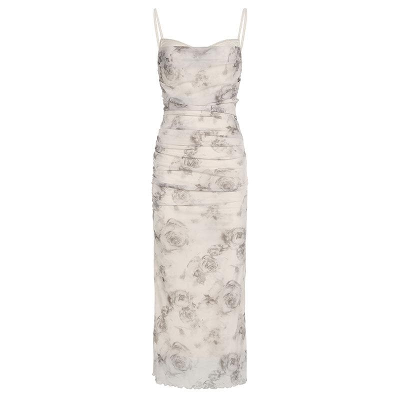 Floral Print Spaghetti Strap Ruched Mermaid Maxi Dress - View 8
