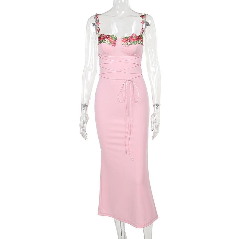 Floral Embroidery Sweetheart Lace Up Mermaid Maxi Dress - View 3