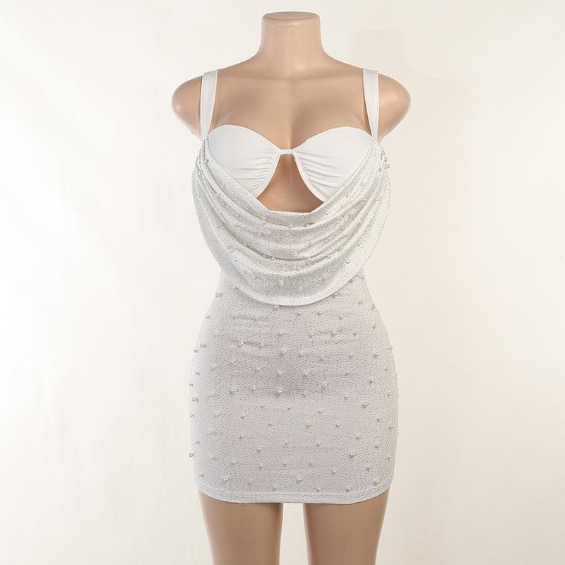 Sleeveless solid ruched beaded hollow out backless dress - View 3