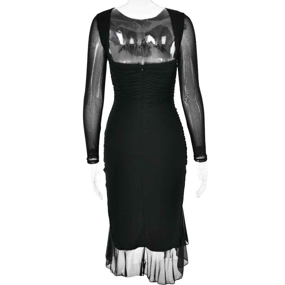 Mesh Ruched Long Sleeve Backless Ruffle Midi Dress - View 5