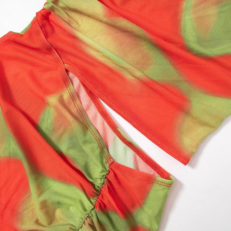 Irregular ruched slit sheer mesh see through tie dye maxi dress - View 6