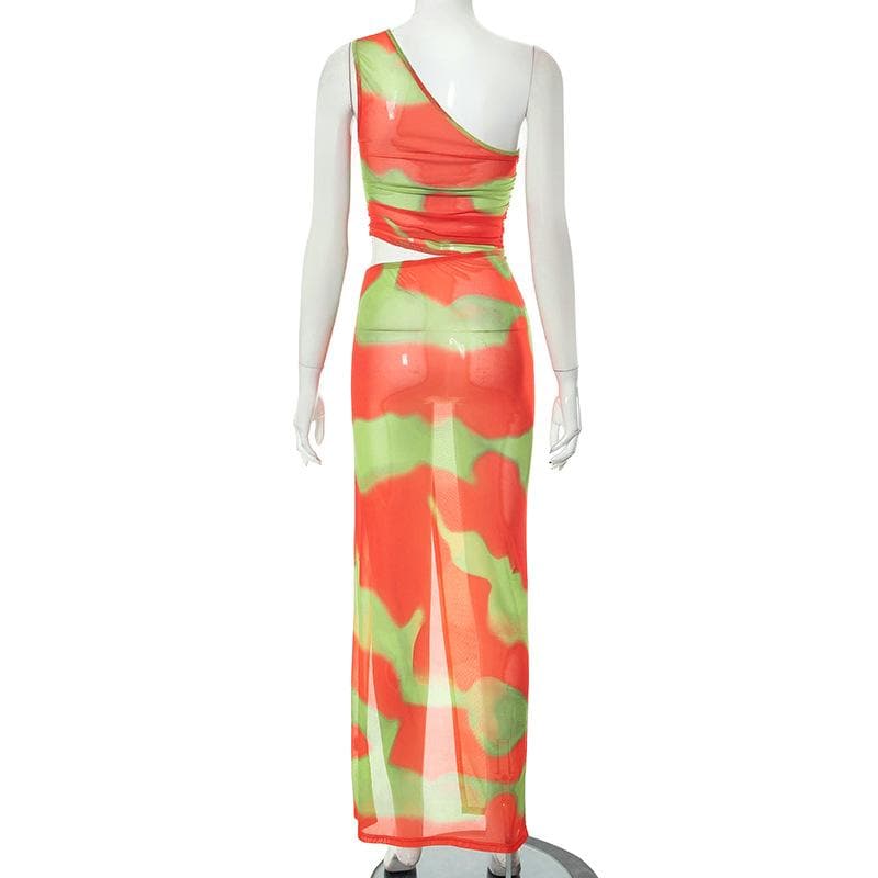 Irregular ruched slit sheer mesh see through tie dye maxi dress - View 4