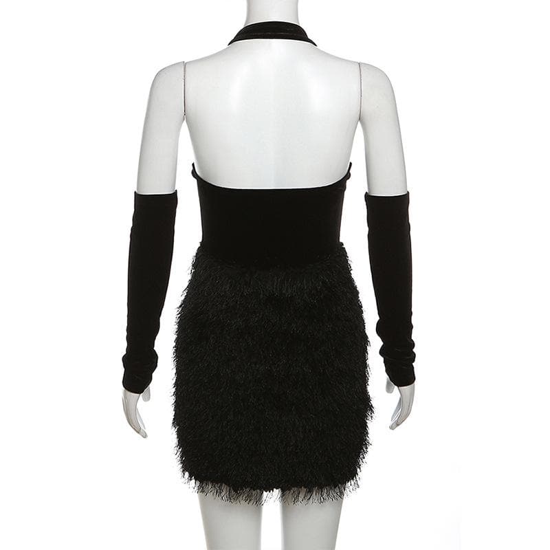 Mesh Halter Neck Glove Sleeve Cut Out Fringe Mini Dress - View 3