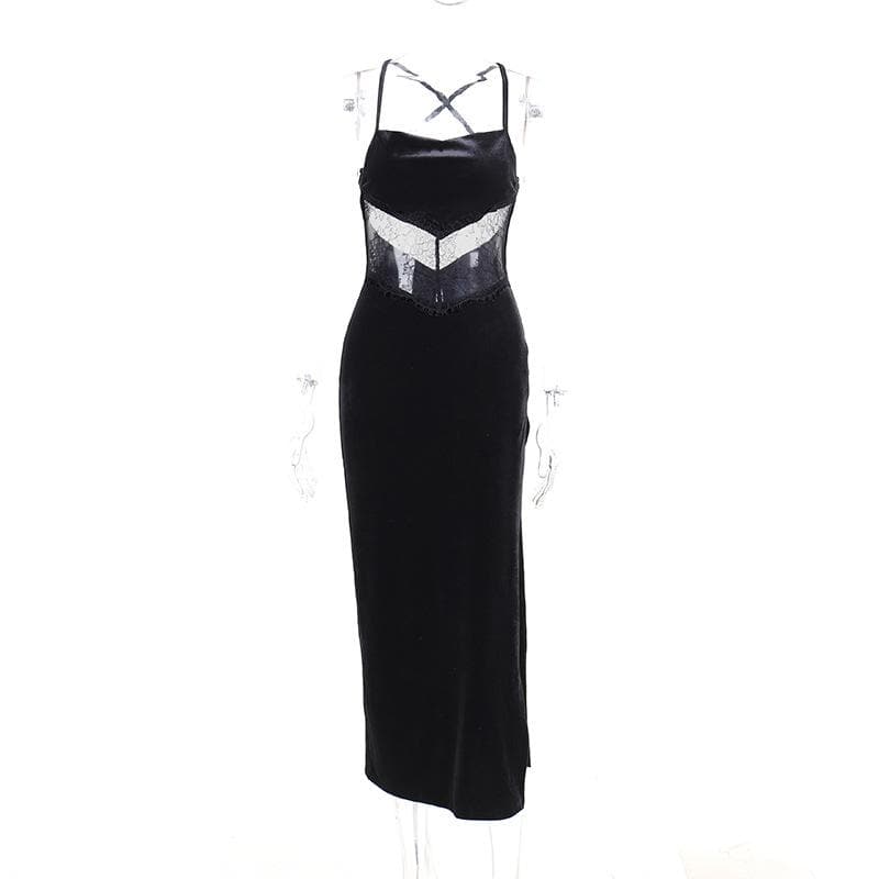 Cowl neck lace hem slit backless velvet cross back midi dress - View 3