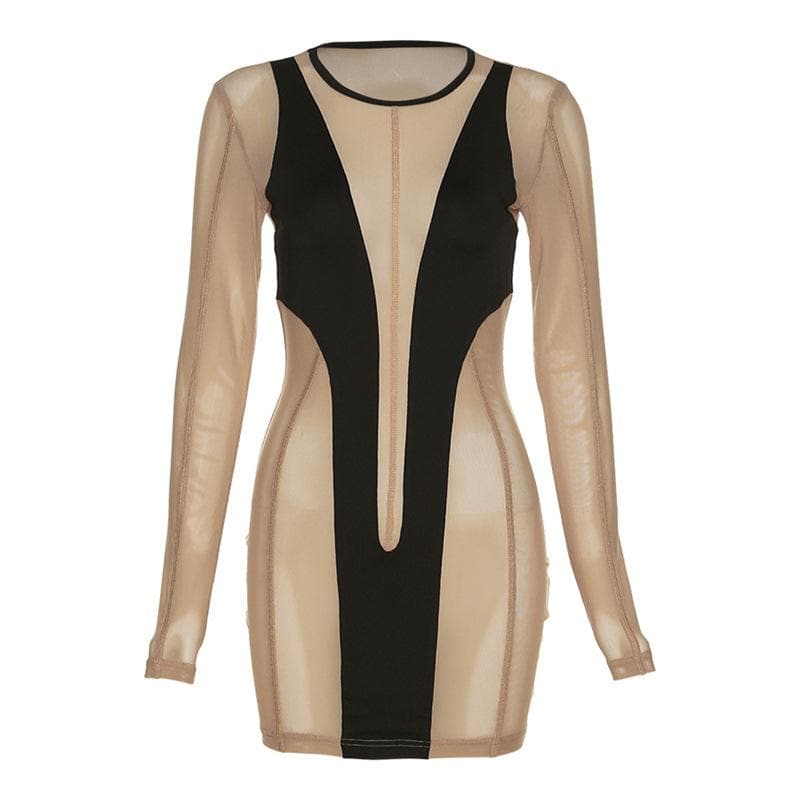 Long sleeve round neck contrast mesh patchwork mini dress - View 2
