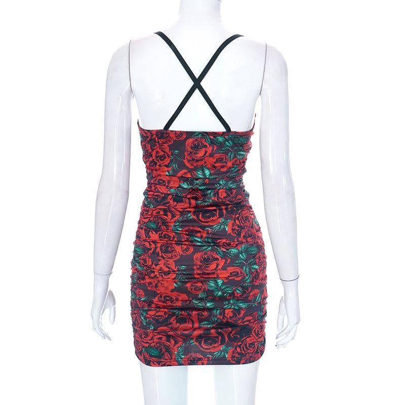 Floral Print Lace Trim Spaghetti Strap Ruched Bodycon Mini Dress - View 4