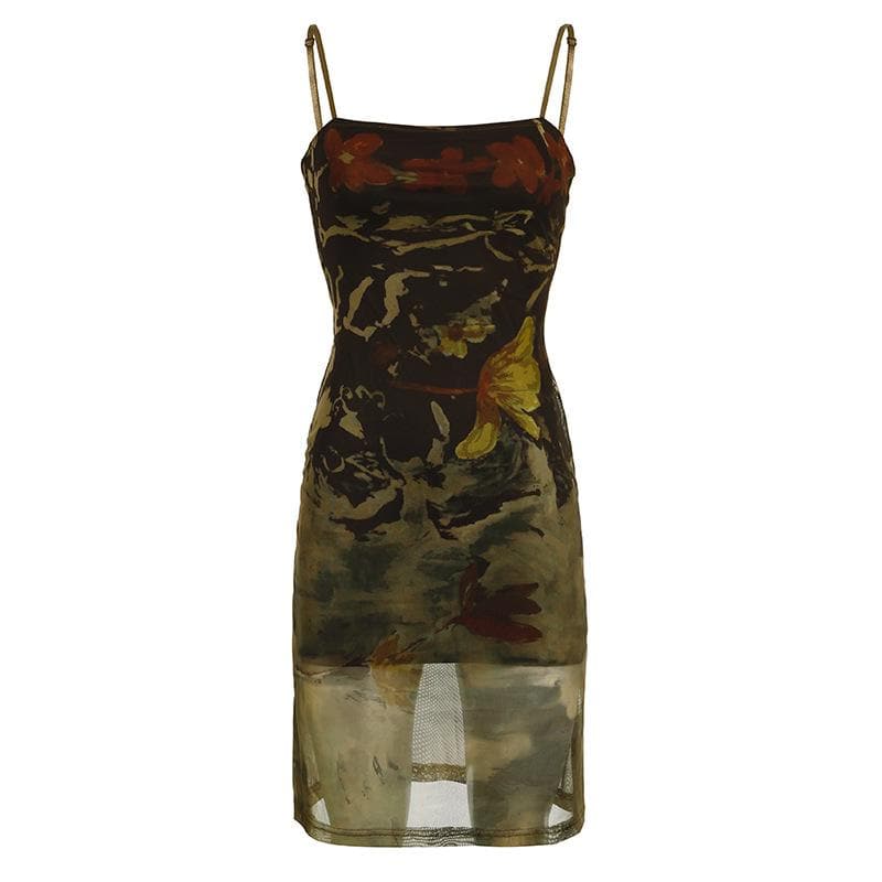 Mesh abstract print square neck contrast cami midi dress - View 2