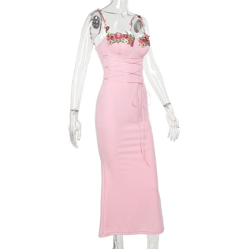 Floral Embroidery Sweetheart Lace Up Mermaid Maxi Dress - View 8