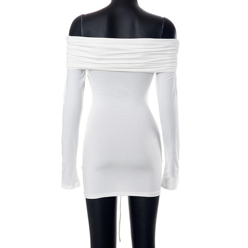 Lace up long sleeve off shoulder ruched solid mini dress - View 4