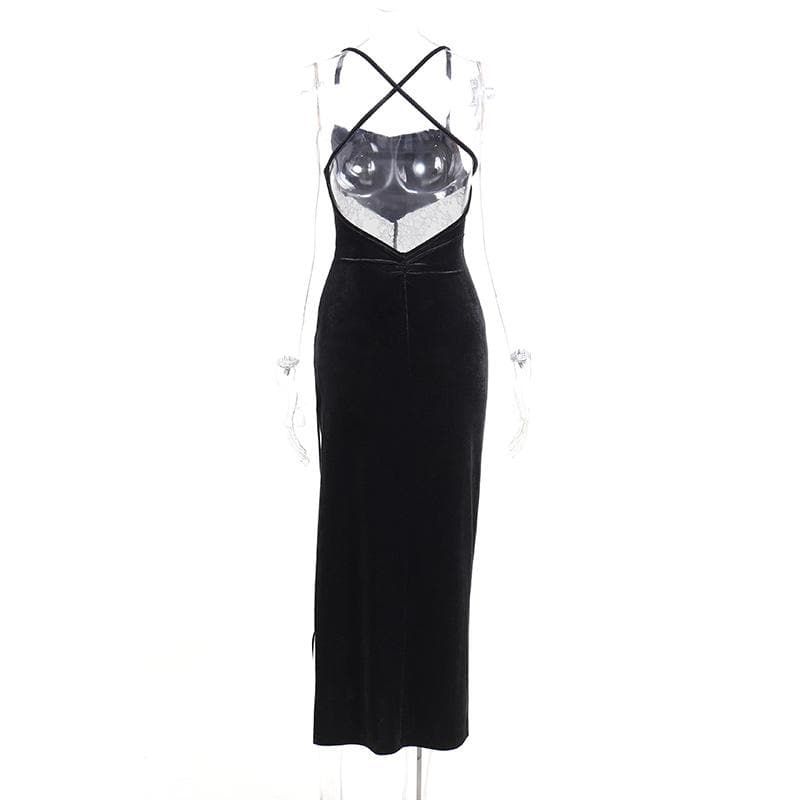 Cowl neck lace hem slit backless velvet cross back midi dress - View 5