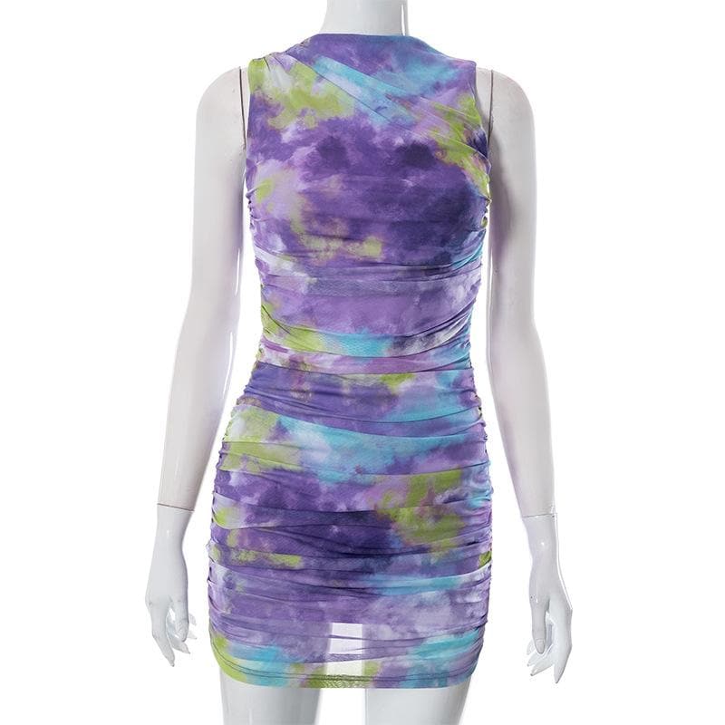 Ruched tie dye sleeveless crewneck mesh mini dress - Final Sale - View 6