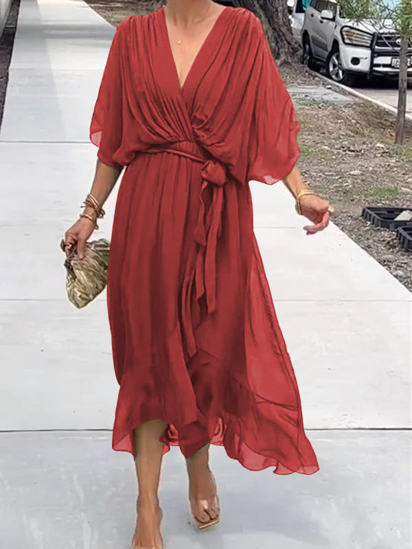 Chiffon Deep V-Neck Batwing Sleeve Tie Waist Ruffle Hem Midi Dress - View 8