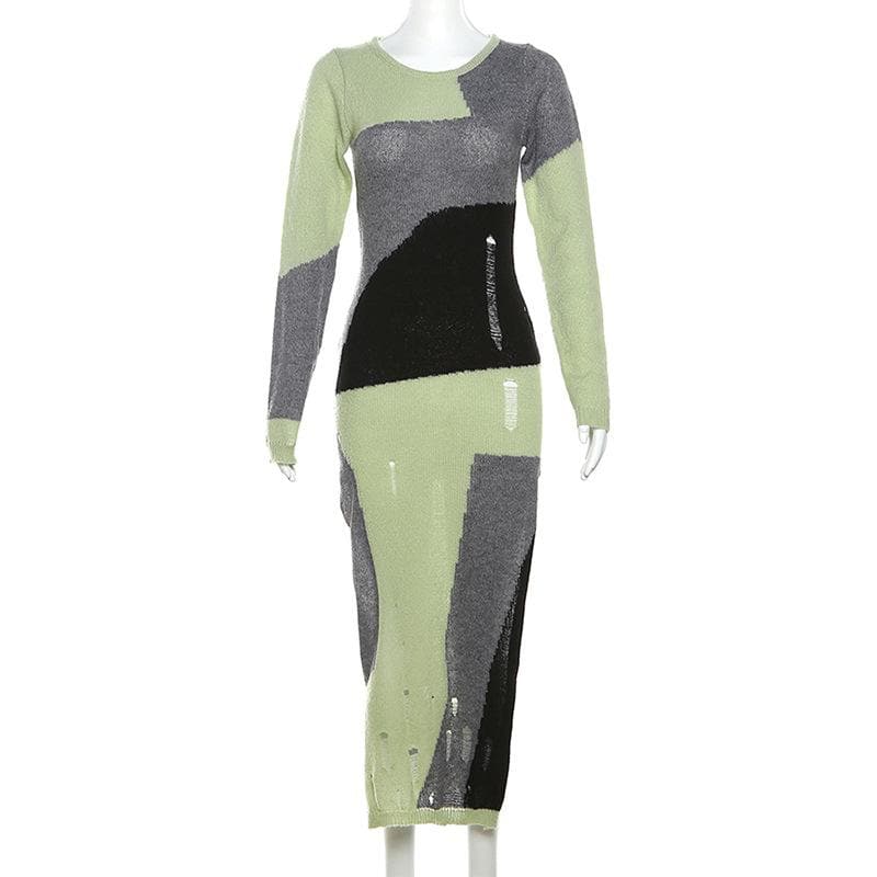 Hollow out crochet long sleeve contrast slit midi dress - View 2