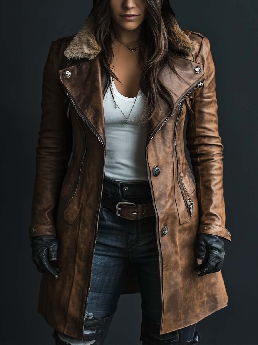 Women's Vintage Fur Collar Zipper Faux Leather Coat - Fashionpara