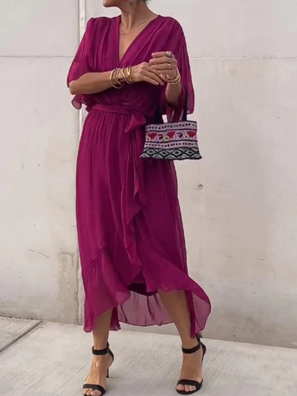 Chiffon Deep V-Neck Batwing Sleeve Tie Waist Ruffle Hem Midi Dress - View 9
