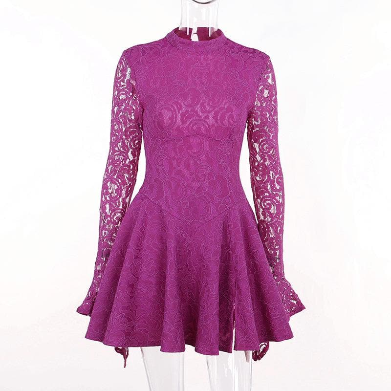 Lace hem long sleeve zip-up lace up backless solid ruffle mini dress - View 2