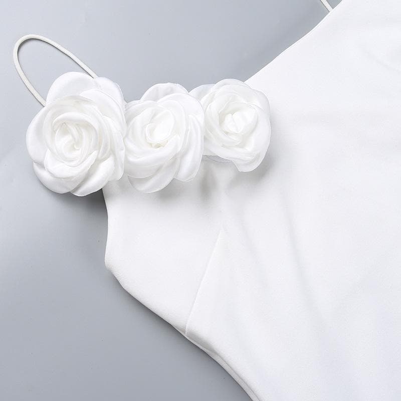 Square Neck Spaghetti Strap Flower Applique Ruched Maxi Dress - View 5