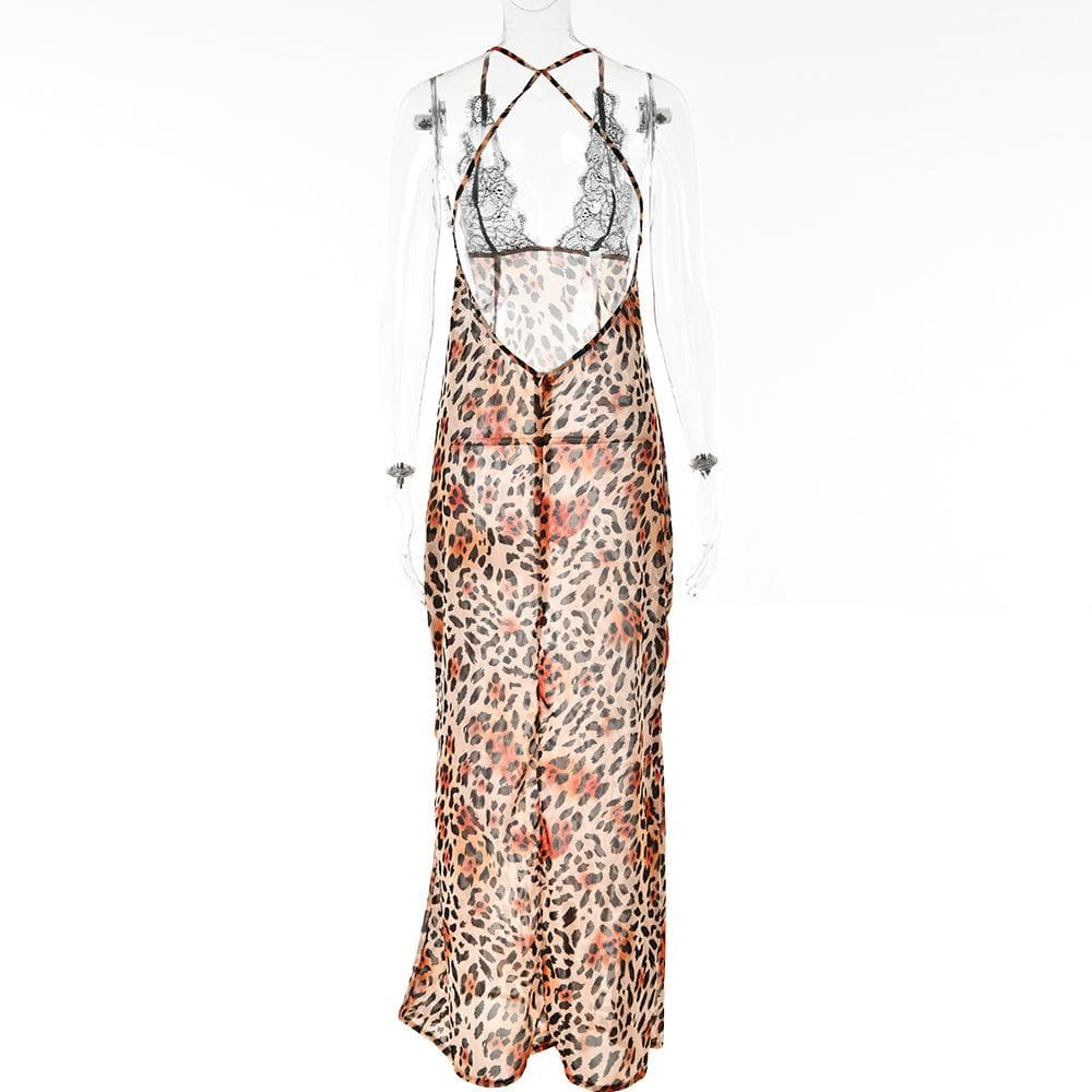 Cross back contrast leopard print v neck lace patchwork maxi dress - View 6