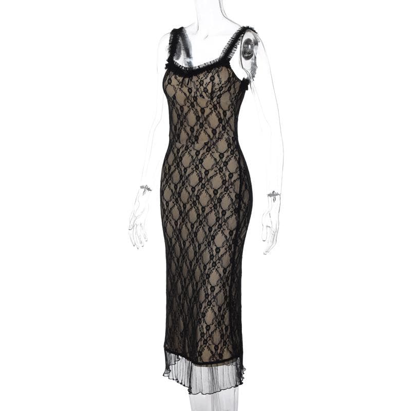 Lace hem contrast sleeveless low cut backless midi dress - View 3
