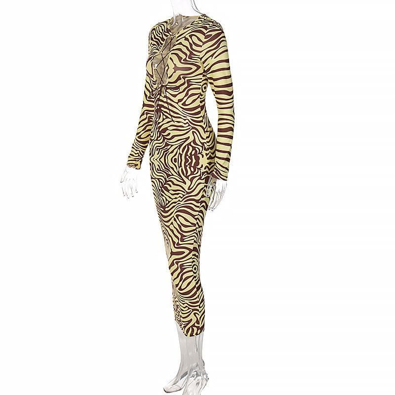 Long sleeve lace up zebra print midi dress - View 7