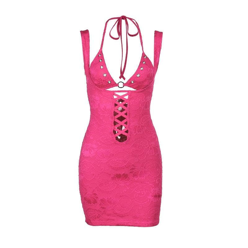 Jacquard Halter Neck Lace Up Cut Out Bodycon Mini Dress