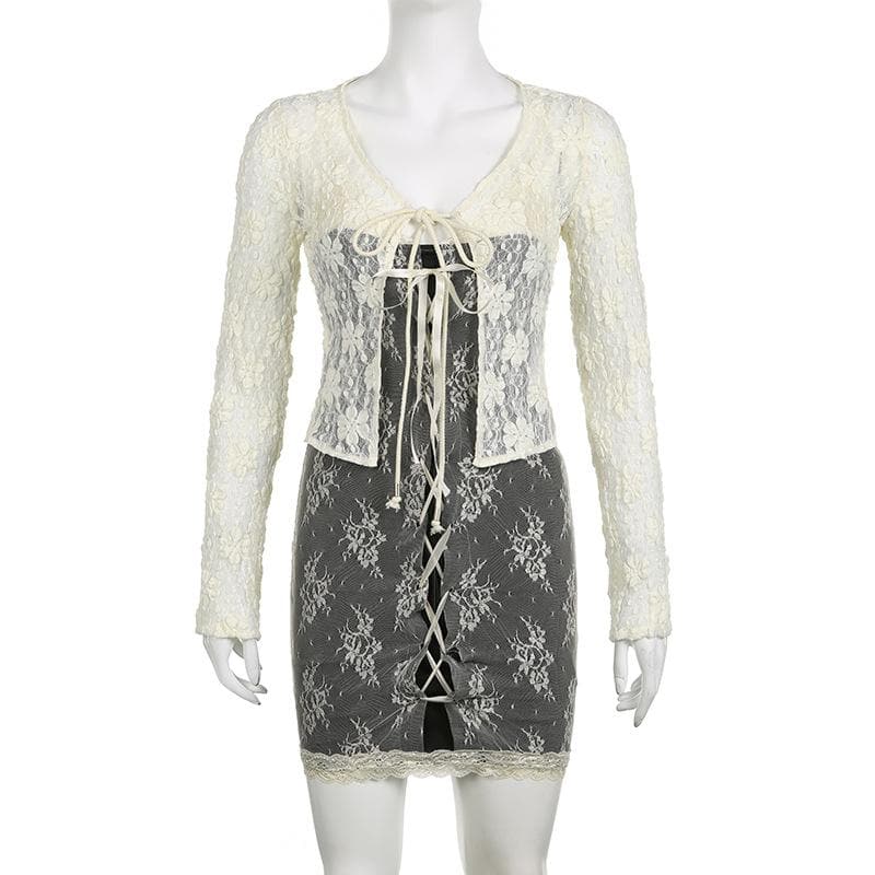 Lace contrast lace up v neck backless 2 piece cami dress - View 11